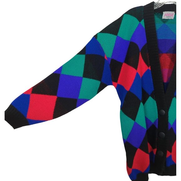 Vintage ADELE knitwear long sleeve colorful diamond print Cardigan Sweater‎ L XL - Picture 3 of 14